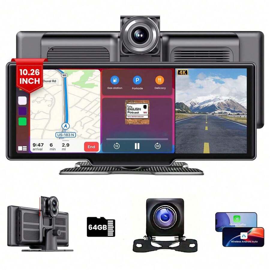 4K Ultra HD Dual-Camera DVR With Voice Control - 10.26 Inch Large Screen, Wireless CarPlay & Android Auto, 1080p Rear Camera, Loop Recording, WiFi, Call & Navigation, FM/AUX, Easy Stick-On Mount, Includes 64GB Memory Card - Perfect For All Vehicles - 後退 - 查看 1