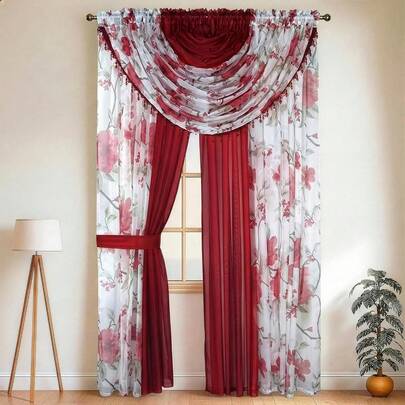 Complete Window Sheer Voile Curtain Panel Set With 4 Attached Panels 55" X 84 & Valances With Beads And 2 Tiebacks - Easy Installation - Multicolor Flower, Window Decor