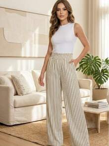 Fabric Pants With Pockets, Vacation, Home, Summer - Olive Green - View 4