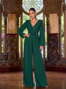 Faeriesty Elegant långärmad, lyktaärmad, djup V-ringad, golvlång jumpsuit - volangkrage, avtagbar midja och skräddarsydda veckade byxor | Lämplig för högtidsfester, nyårsafton, formella galor, formella evenemang och bröllop - Mörk Grön - Visa 2