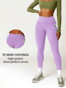 High Waisted Tummy Control Pocket Shaping Training Leggings,Tummy Control Butt-Lifting Training Leggings With Pockets - 淡紫色 - 查看 4