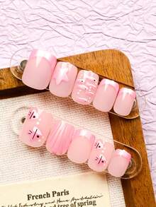 24片短方形假指甲，粉色法式美人鱼尾巴和海星图案亚克力甲片，可爱铬合金凝胶美甲套装（包含：1瓶果冻凝胶和指甲锉），适合女性日常、约会、派对等场合。 - 彩色 - 查看 3