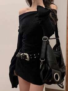 Đầm mini ôm sát dài tay trễ vai màu đen dịu dàng Y6Y Spring, kèm thắt lưng, phù hợp cho phong cách thanh lịch và gợi cảm. - màu đen - Xem 5