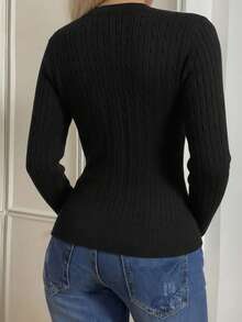韩版优雅V领绞花针织女式毛衣，2026新款高品质休闲简约纯色套头衫 - 黑色 - 查看 6