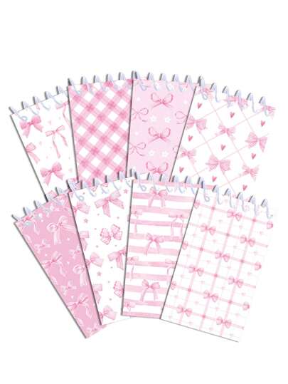 8pcs/Set Pink Bow Decor Mini Notebook Set, Mini Spiral Pocket Notebook, Bow Pattern Sticky Notes, Ideal For School Supplies, Classroom Rewards, Birthday Party Favors And Party Gifts!