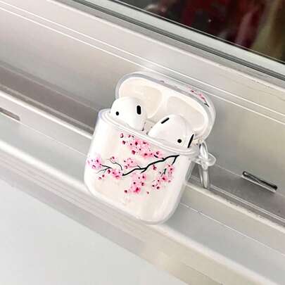 Pink Floral Pattern Protective 1 Set Creative & Elegant Couple Cherry Blossom Branch Case Compatible With Airpods 1/2/3/4 Generation With Carabiner Hook Spring Gift Birthday Anniversary