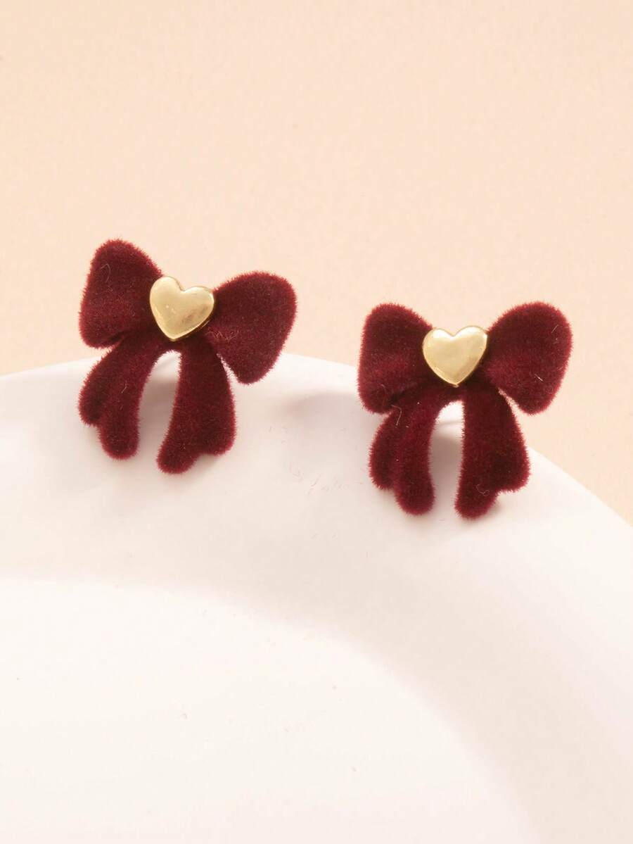 1 Pair Cute Flocked Bow Stud Earrings For Women, Fluffy Earrings - Multicolor - View 1