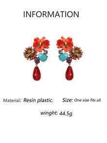 1 Pair Retro Exaggerated Versatile Resin Flower & Water Drop Long Dangle Earrings, Statement Piece - Waterdrop Resin Earrings - View 14
