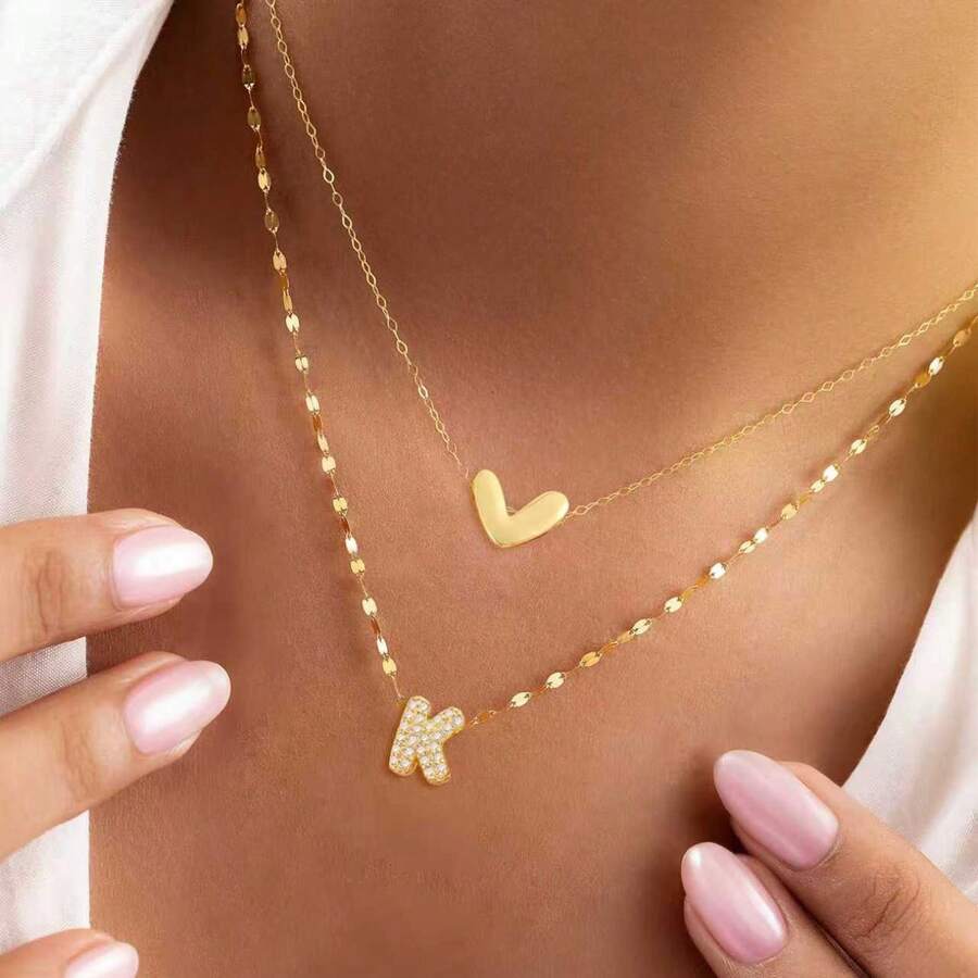 2Pcs/Set New Fashion Heart Bubble Initial Pendant Golden Stainless Steel Lip Chain Layers Necklaces For Women - Yellow Gold - View 1