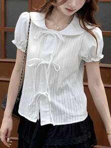 Áo kiểu tay phồng cổ Peter Pan thắt nơ ngọt ngào dành cho nữ, kiểu dáng tươi tắn và đa năng cho mùa hè. - trắng - Xem 5