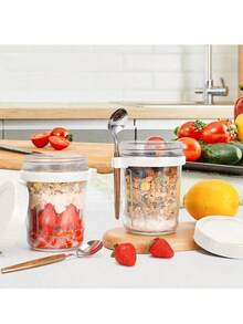 1个带盖带勺子的密封玻璃早餐杯，便携式燕麦片/牛奶/沙拉/酸奶杯 - 彩色 - 查看 7