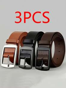 3pcs Men's Fashionable PU Leather Belt, Simple And Retro Design Smooth Buckle Belt For Men Daily Life - 3pcs (black + Brown + Khaki) - View 14