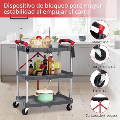 3 Tier Service Cart, Folding Rolling Utility Cart With Heavy Duty Metal Frame, Lockable Silent Wheels, 2 Handles & Fixed Rope, Supports Up To 90kg, For Home, Office, Garage, Workshop, Warehouse