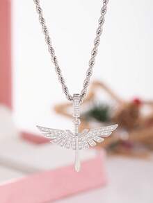 1件时尚铜合金锆石天使翅膀十字架吊坠项链，适合旅行、派对、聚会、装饰。