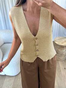 大码女式可爱休闲亮面纽扣针织毛衣背心套头衫，夏季和秋季时尚度假装 - 淺金 - 查看 6