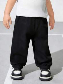 1 buc. Pantaloni jogging casual confortabili, simpli, de culoare solidă, pentru copii mici, băieți - Negru - Vizualizare 3