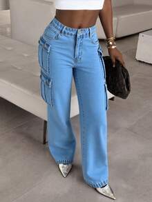 女士高腰工装口袋直筒牛仔裤 - 经典水洗舒适休闲牛仔裤 - 淺色水洗藍 - 查看 2