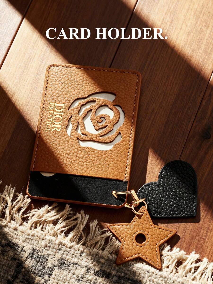 Christian Dior 棕色玫瑰镂空卡包，长方形皮革卡包，带星形心形吊坠，内置化妆镜，卡槽可放置卡片和身份证，通勤/旅行必备，情人节女友礼物，奢华卡包配饰 - 棕色 - 查看 1
