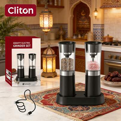 CLITON 重力式电动胡椒研磨器和盐研磨器套装，USB充电底座，无需电池，单手操作，粗细可调，自动电动调味料研磨器，可填充，粗细可调，带LED灯，塑料和不锈钢材质