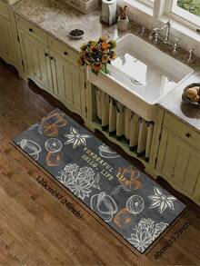 1pc Silicone Kitchen Mat With Combination Pattern Of Life & Food Themes: Dark Gray Background With Hand-Drawn Teaware (Teapot, Cup), Doughnut, Spice (Star Anise), Floral Elements, And English Phrases "WONDERFUL LIFE" And "HELLO, LIFE"