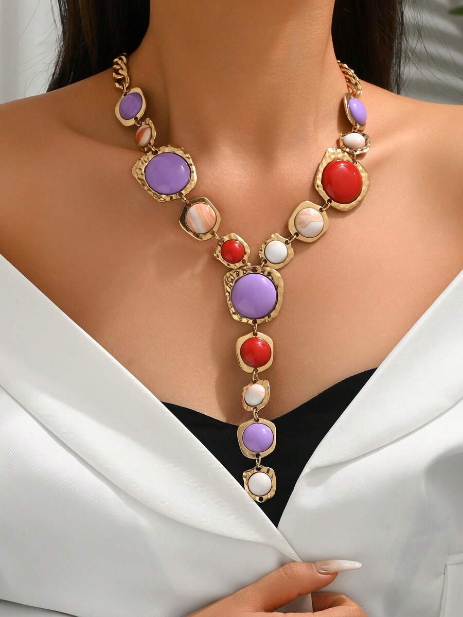 1 chiếc vòng cổ dài kiểu dáng cổ điển phóng đại, đính đá giả hình chữ Y, tua rua, trang sức bản to, mặt dây chuyền hình học sang trọng kiểu Pháp thời Baroque, phù hợp cho phụ nữ đeo hàng ngày, dự tiệc, sự kiện (màu sắc và vị trí đá ngẫu nhiên) - màu đỏ tím - Xem 1