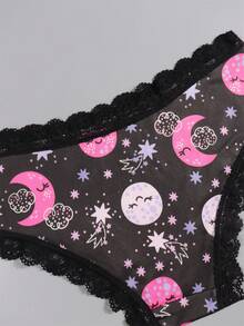 Dircho 5件套女士星空印花三角裤套装，月亮星星图案，可爱脸型，黑色蕾丝边，柔软面料，深色调，日常舒适内衣，梦幻休闲风格 - 彩色 - 查看 9