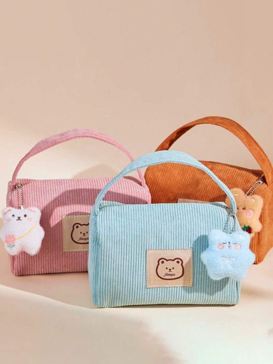 彩色灯芯绒化妆包，灯芯绒小熊收纳包，便携式手提小熊化妆包，可爱女孩手提包，旅行洗漱收纳包，适合作为生日、母亲节、圣诞节和伴娘婚礼礼物，旅行洗漱化妆包，化妆间装饰