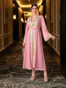 两件套女士阿拉伯传统长袖长袍和无袖连衣裙套装 - 粉色 - 查看 1