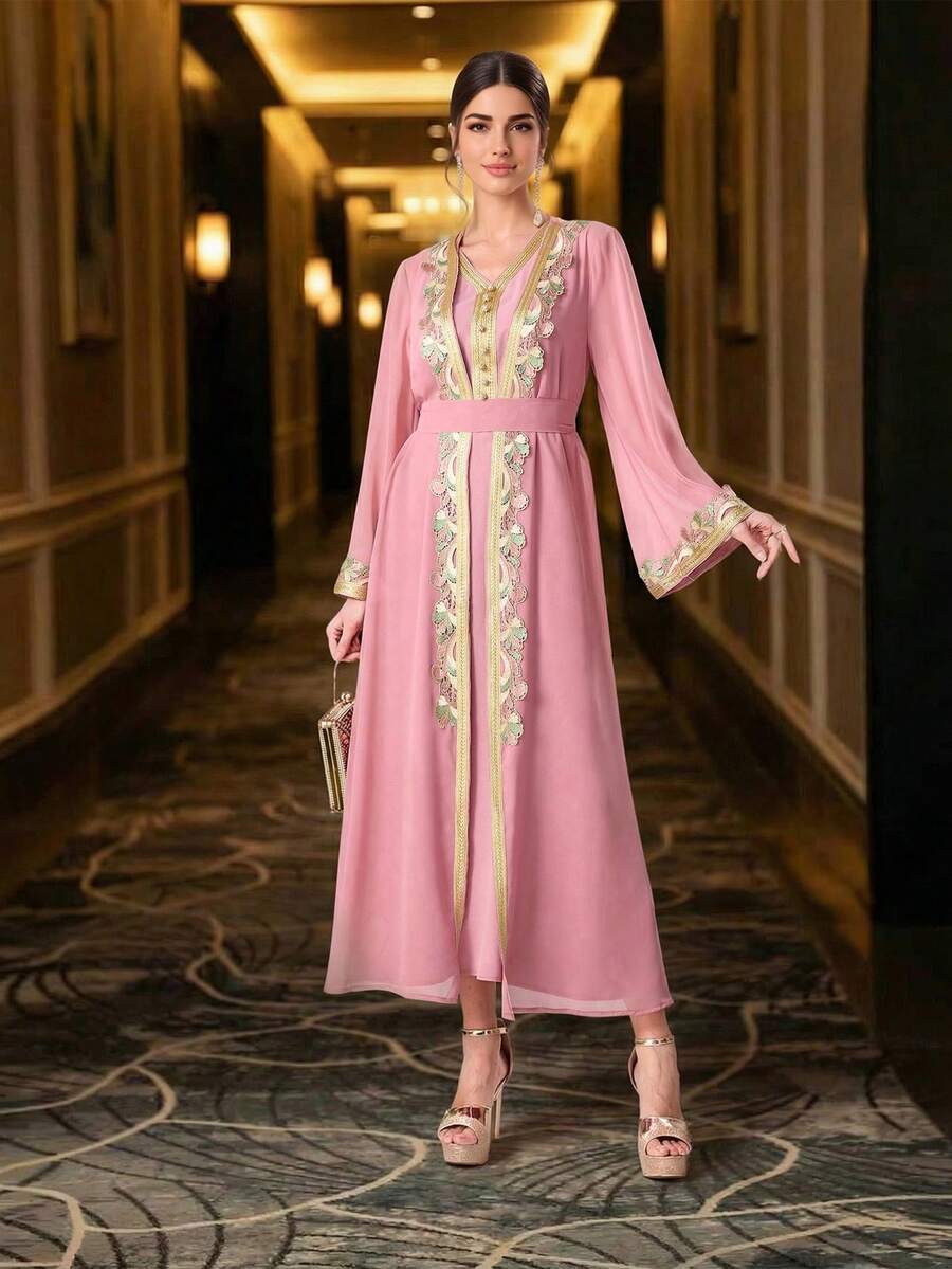 两件套女士阿拉伯传统长袖长袍和无袖连衣裙套装 - 粉色 - 查看 1