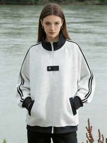 女士条纹立领拼接撞色运动夹克，适合户外活动和日常穿着，四季皆宜，春季款 - 灰色 - 查看 5