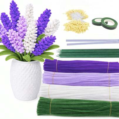 425 Pipe Cleaner Flower Kit For Lavender Bouquets, Purple Chenille Stems (4 Colors) With Floral Stems/Wires, Flower Stamens, Floral Tape, DIY Bouquet Craft Supplies (Puiple)