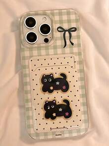 1个透明网格波点卡套，2个猫咪造型手机壳（带挂绳），兼容 11、12、13、14、15、16 Pro Max、17 Air、17 Pro Max，防震手机壳 - 綠色 - 查看 3