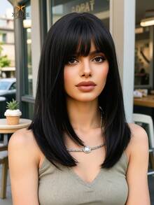 XOUJE Tóc giả thẳng màu đen dài ngang vai 16 inch, chất liệu tổng hợp chịu nhiệt, dành cho nữ, tạo cảm giác thoải mái và vẻ ngoài tự nhiên, phù hợp cho trang phục hàng ngày, dự tiệc hoặc chụp ảnh cosplay. - màu đen - Xem 3