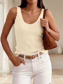 Womens Summer Sleeveless Tank Tops V Neck Ruffle Lightweight Ribbed Knit Shirt Casual Going Out Top - 米色 - 查看 2