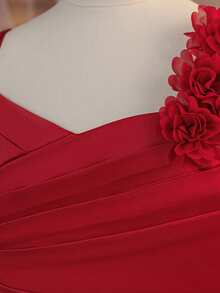 Abito elegante da sera per ragazze pre-adolescenti, in raso tinta unita con decorazione floreale, corto davanti e lungo dietro con strascico, adatto per matrimoni, lauree, feste da ballo, non include fascia per capelli - Bordò - Visualizzare 7