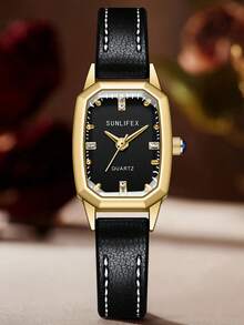 1 chiếc đồng hồ đeo tay nữ sang trọng cổ điển mạ vàng, hình chữ nhật, mặt nhỏ, đính kim cương lấp lánh tinh tế, thanh lịch, màu sắc tối giản thời trang, chất lượng cao, phù hợp với mọi trang phục và dịp lễ. - màu đen - Xem 6