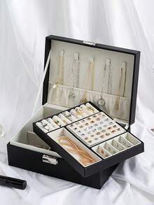 Double Layer Large Capacity Jewelry Storage Box, Portable Travel Jewelry Case, Display & Storage Box, Lockable Leather Jewelry Box, Men's Jewelry Box, Women's Gift, Essential For Home, Travel, Back To School, Gift Idea, Suitable For Earrings, Rings, Necklaces, Bracelets - Multicolor - View 13
