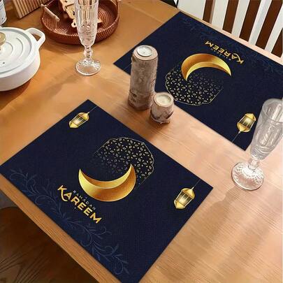 1/4/6 st Mellanöstern-högtidsserie guldfärgad halvmåne, ihålig lykta, geometriskt mönster dekorativ bordsunderlägg, linnetryckt bordsduk/servettunderlägg för fest, kök, matsal, tvättbar