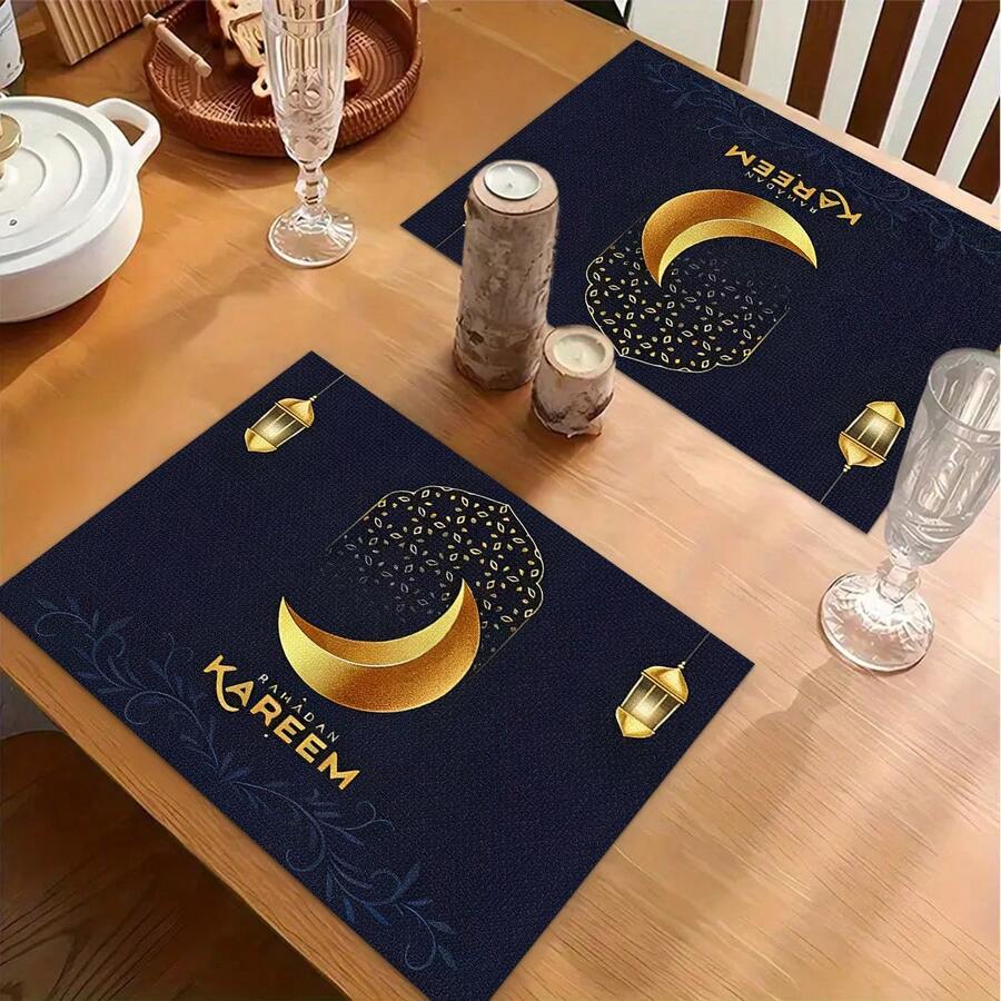 1/4/6件装中东节日系列金色新月镂空灯笼几何图案装饰餐垫，亚麻印花桌布/餐巾垫，适用于派对、厨房、餐厅装饰，可水洗 - 彩色 - 查看 1