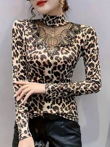Plus Size Women Leopard Illusion Collar Top, Spring/Autumn Detachable Collar Long Sleeve T-Shirt - Black - View 3