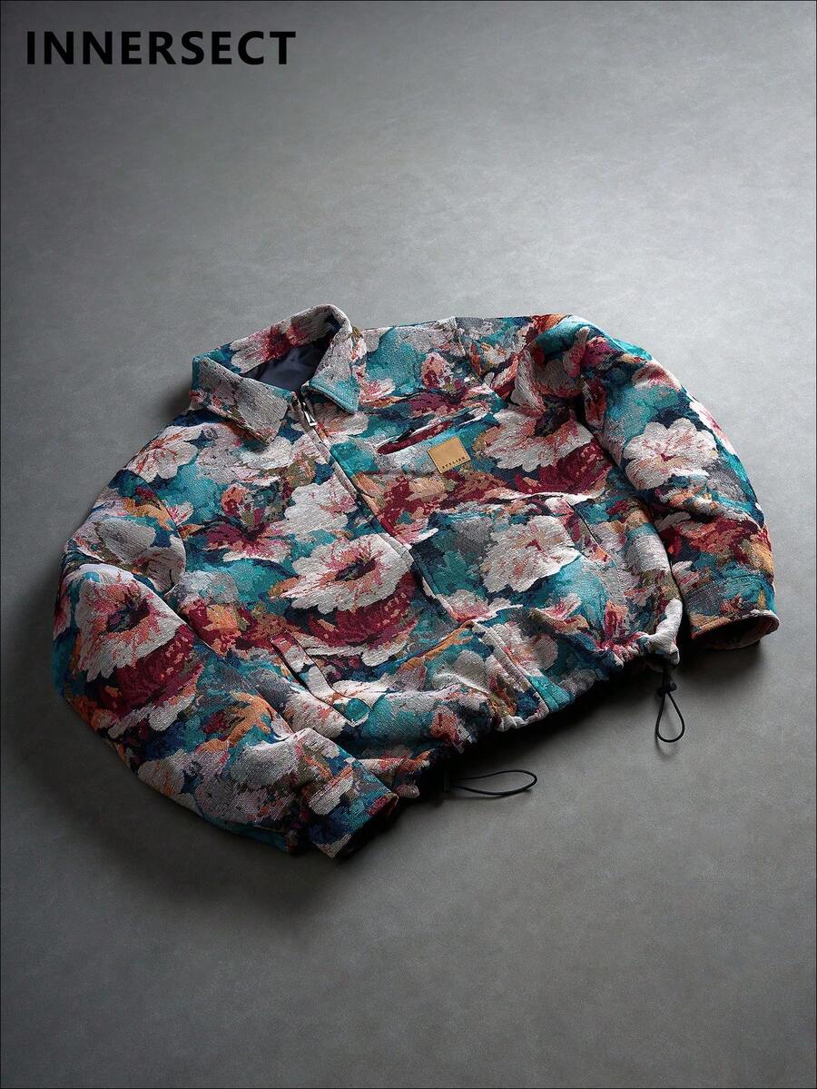 Áo khoác nam in hoa, kiểu dáng retro đường phố, dáng rộng, có khóa kéo, thích hợp mặc thường ngày, gió nhẹ. - Màu xanh lam - Xem 1