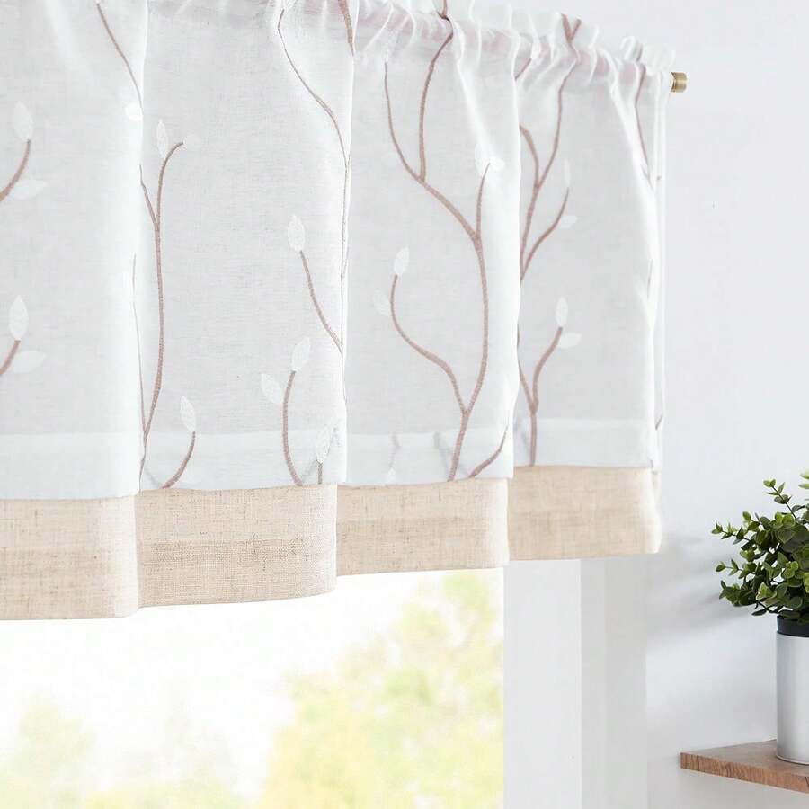 Linen Valance Sheer Double Layer Kitchen Window Curtain Leaf Embroidered Valance Living Room Cafe Farmhouse Filtering Rustic Country Curtain 18 Inch Rod Pocket 1 Panel White Home Decor - Leaf | White - View 1