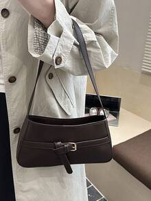 Elegant Strap Design Women's Shoulder Bag, Zipper Closure Minimalist Coffee Crescent Underarm Bag, Suitable For Women On Dates - Coffee - View 2