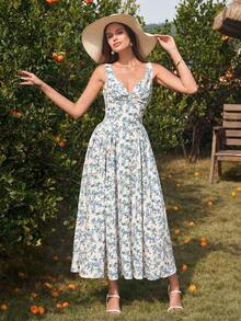 PARTHEA Elegant Women's Long A-Line Dress With V-Neck And Ruched Backless Smocking Bust Shirred Flared Hem Non-Stretch Fabric For Casual Style - Blue and White - View 7