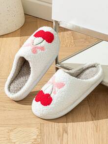 女士冬季保暖拖鞋，带可爱蝴蝶结和樱桃刺绣，平跟室内休闲拖鞋 - 白色 - 查看 2