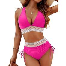 Women High Waisted Bikini Sets Tummy Control Swimsuits Color Block Two Piece Drawstring Bathing Suit Outdoorfun - 藍綠色 - 查看 4