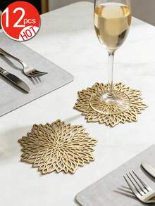12pcs Gold Flower 15-Inch Round Placemats, PVC, 3.94-Inch Round Hollow Flower Coasters, Washable, Easy Clean, Wipe-Clean, Non-Slip, Heat-Resistant, Suitable For Room Decor, Dining Table Decor, Home Decor, Holidays, Parties, Birthdays, Weddings And Dinners - Multicolor - View 23