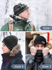 4pcs/Set Winter Knit Hat, Scarf, Touchscreen Gloves Set, Warm Thick Thermal Lined Beanie, Scarf, Gloves - B - View 4