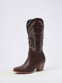 Women's Embroidered Western Cowboy Boots Casual Fashion Pointed Toe Chunky Heel Slip-On Mid Calf Party Cowgirl Boots For Spring - 棕色PU - 查看 7