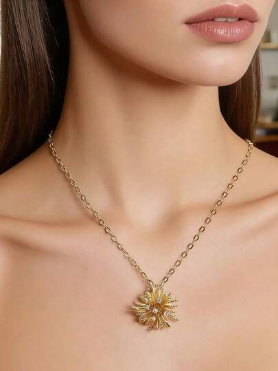 1件时尚水钻铜质烟花吊坠项链，适合节日、日常佩戴、送礼和配饰